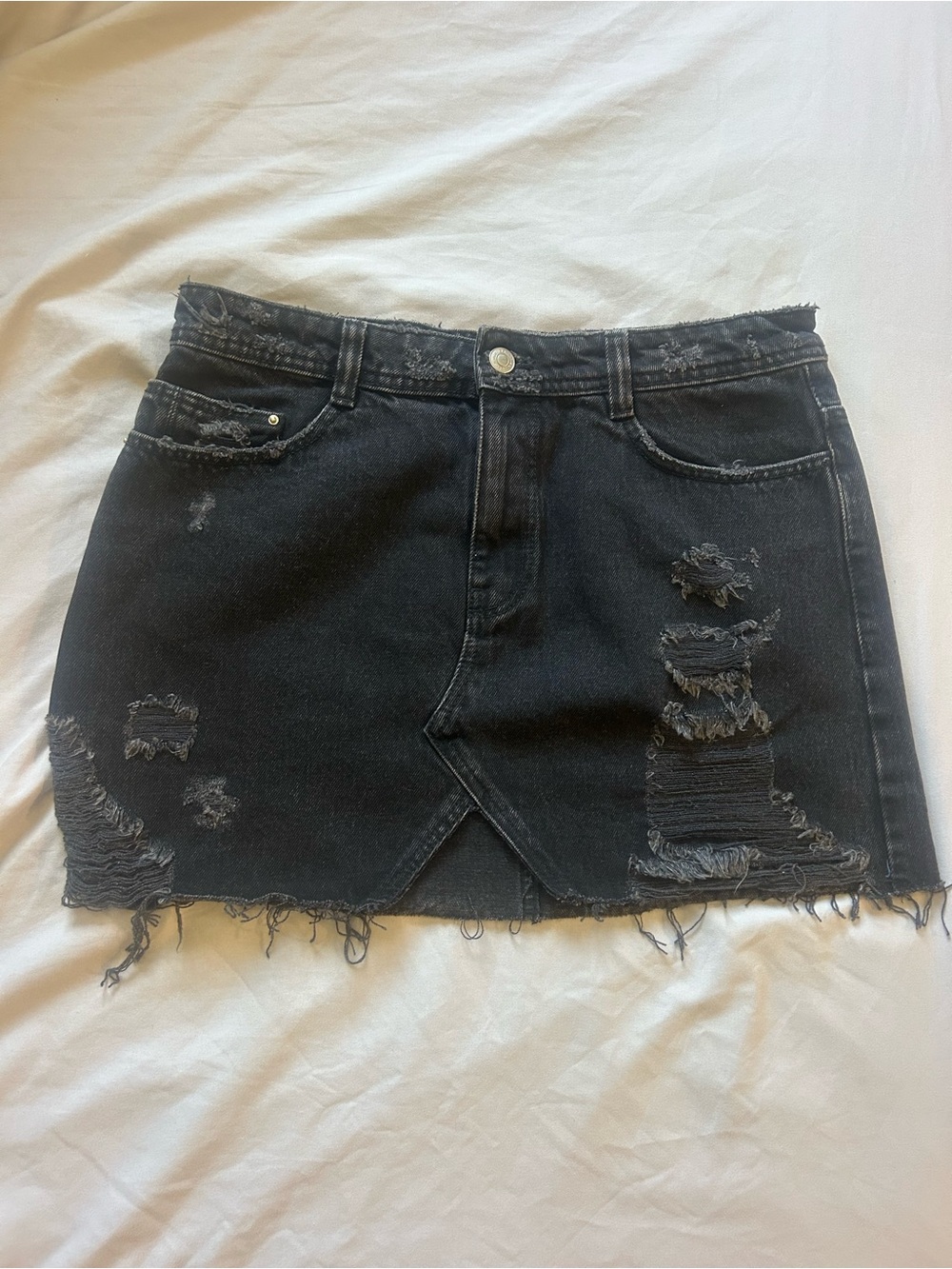 Zara Black Distressed Denim Mini Skirt